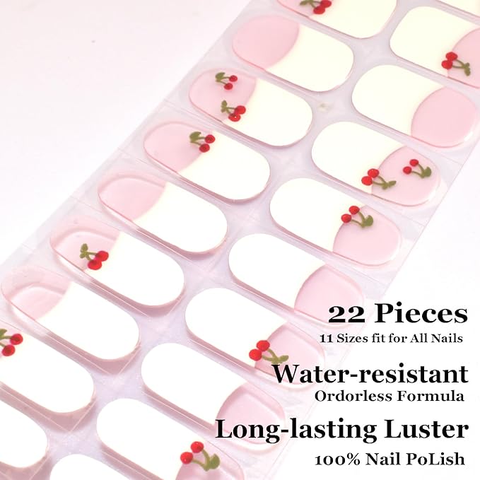 Semi Cured Gel Nail Strips Cute Cherry Gel Stickers French White Salon Quality DIY Nail Wraps Manicure Stickers for Easy Application