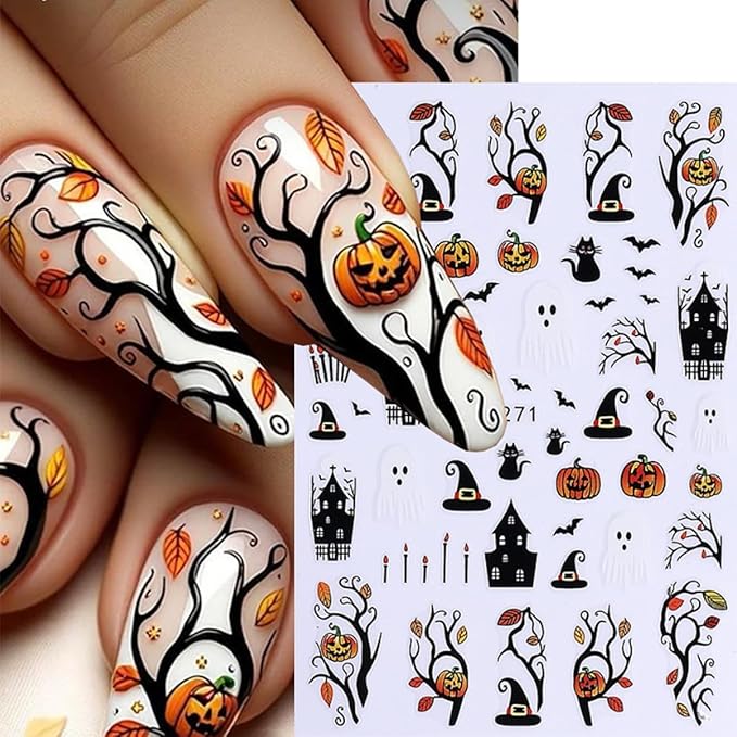 Halloween Nail Stickers Ghost Spider Web Nail Art Stickers Bat Cat Skull Flower Nail Decals Self-Adhesive Spooky Gothic Design Sticker Holiday Nail Art Decoration for Women Manicure Accessories 5Pcs