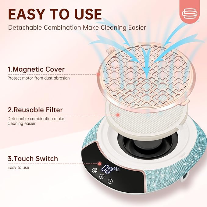 Cordless Nail Dust Collector,Portable Dust Collector Nail Tech with LED Display,Rechargeable Dust Suction Machine with Reusable Fillter for Acrylic Gel Polish,Salon & Home