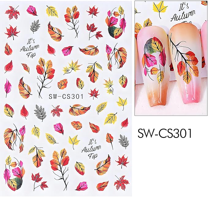 Fall Maple Leaves Nail Art Stickers for Thanksgiving, Fall Nail Art Decals 3D Self-Adhesive Leaf Flower Tree Nail Design 6Pcs Nail Art Supplies for Women Nail Decoration
