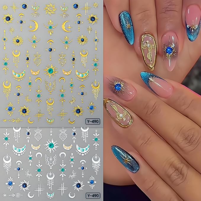 Boho Sun Moon Nail Art Stickers, Star Nail Art Decals 3D Self-Adhesive Gold Silver Sun Moon Nails Stickers Glitter Nail Design 4Pcs Nail Art Supplies for Women and Girls Manicure DIY Decoration
