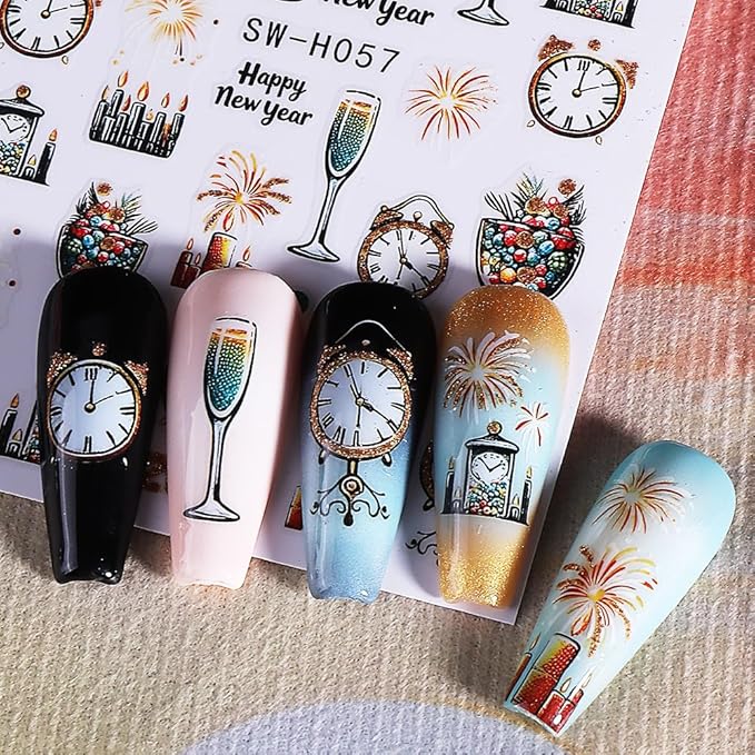 Christmas Nail Art Stickers Fireworks Clock Nail Stickers 6PCS Gold Glitter Lantern Ball Champagne Tree 2026 Design 3D Self-Adhesive Xmas Nail Decals Manicure Supply for New Year Nail Art Decorations