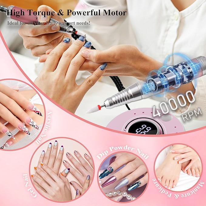 Electric Nail Drill File, Professional 40000RPM Nail E-File Drill, Rechargeable Cordless Nail Drill with Bits & Base for Acrylic Nails Remove Nail Gel Polish Manicure for Home Salon Use (Pink)