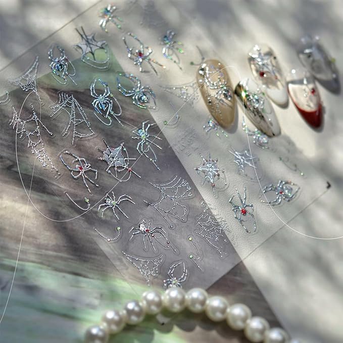 1 Sheets Halloween Nail Stickers for Nail Art 5D Gothic Spider Nail Art Stickers Decals Goth Metal Spider Web Nails Accessories Self-Adhesive Horror Halloween Nails Supplies for Women Nails Decor