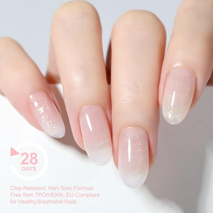 Glossy Hema Free Builder Base Gel Polish, Soak Off Strengthening Builder Gel, Shimmer Nude White Nails Thickening Rubber Base Beginners & DIY Fall Nails