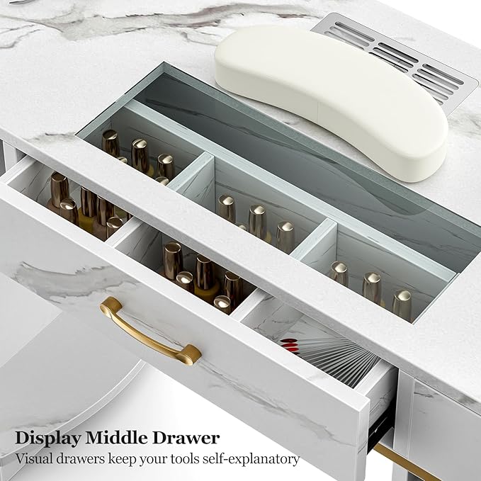 Paddie Manicure Table with Dust Collector, Glass Top Nail Tech Table Nail Desk Station w/7 Storage Drawers & 3-Tiers Open Shelves, Nail Workstation w/Wrist Cushion & Golden Handles((White Marble)