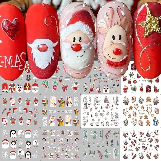 12 Sheets Christmas Nail Stickers Water Transfer Nail Decals Santa Claus Snowman Elk Penguin Nail Art Stickers Pine Winter Nail Art Supplies for Women Xmas Nail Art Decorations