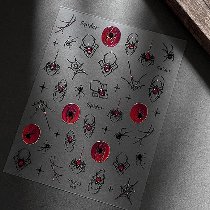 1Sheet Halloween Spider Nail Stickers for Nail Art Spider Web Nail Art Stickers 5D Embossed Halloween Nail Decals with Crystal Red Spider Web Nail Designs Manicure Decor for Women Manicure Supplies