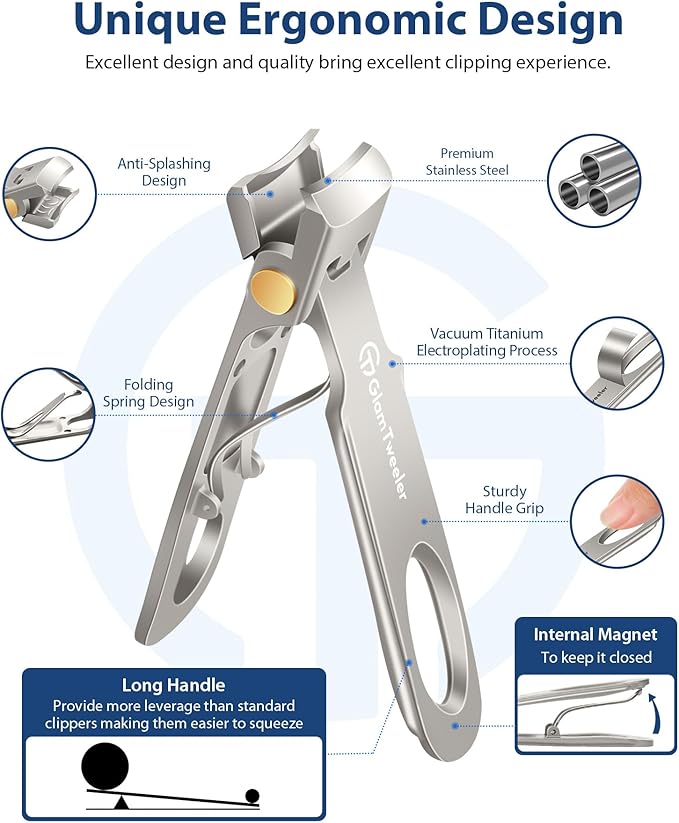 Anti-Splash Wide Jaw Opening Nail Clippers - GlamTweeler Ultra Sharp Extra Large Wide Opening Fingernail and Toenail Clipper with Glass Nail File (Champagne_Curved)