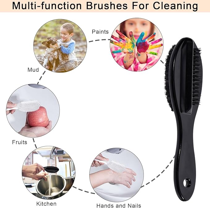 Nail Brush for Cleaning Fingernails 4 PCS, Long Handle Grip Double Sided Nail Foot Scrub Brush Fingernail Cleaner, Soft Stiff Bristles Pedicure Nail Scrubber Non-Slip for Men Women, Black Pink