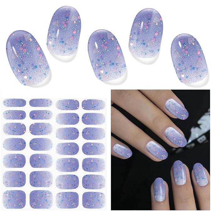 Semi Cured Gel Nail Strips (Purple Mood), 28 pcs UV Gel Nail Stickers for Women Work with Any UV Lamps, Salon Quality Nails Wraps for Home DIY Nails Art
