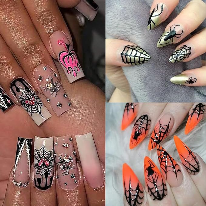 8 Sheet Halloween Nail Stickers Ghost Bat Spider Nail Decals 3D Self-Adhesive Spider Web Spooky Bat Spider Nail Art Stickers Design Gothic Nail Art Supplies for Holiday Acrylic DIY Nail Decoration
