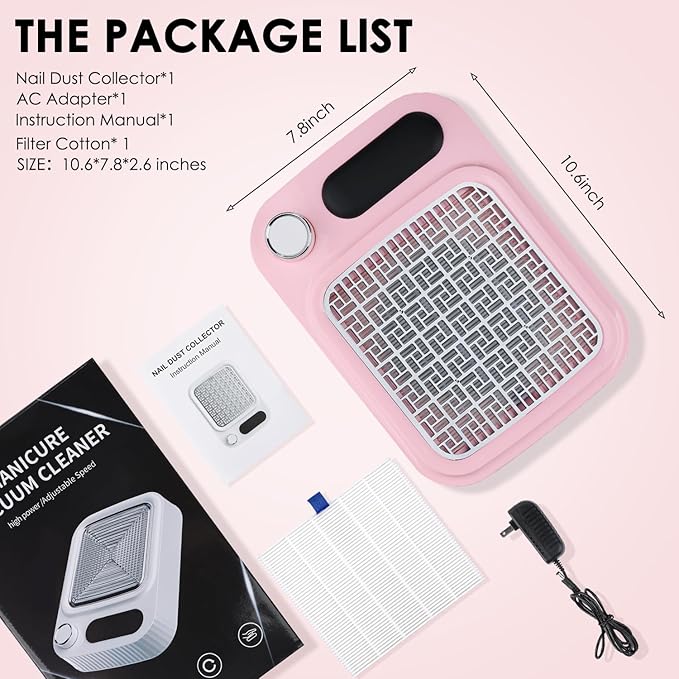 Pink Nail Dust Collector with Reusable Filter for Acrylic Gel Nails, 80W Power Nail Vacuum Cleaner Dust Catcher Adjustable Dust Sucker for Nails Manicure Pedicure at Home Nail Salons