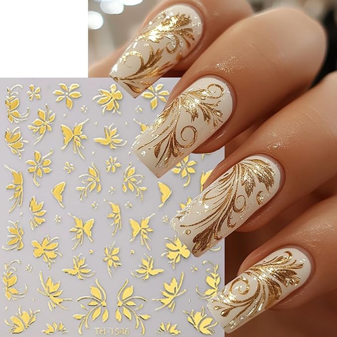 Gold Flower Nail Art Stickers 3D Self Adhesive Nail Stickers Metal Nail Decals with Bronzing Floral Leaf Design Cute Nail Sticker for Nails Art Decoration Salon Manicure Supplies for Women 6 Sheets