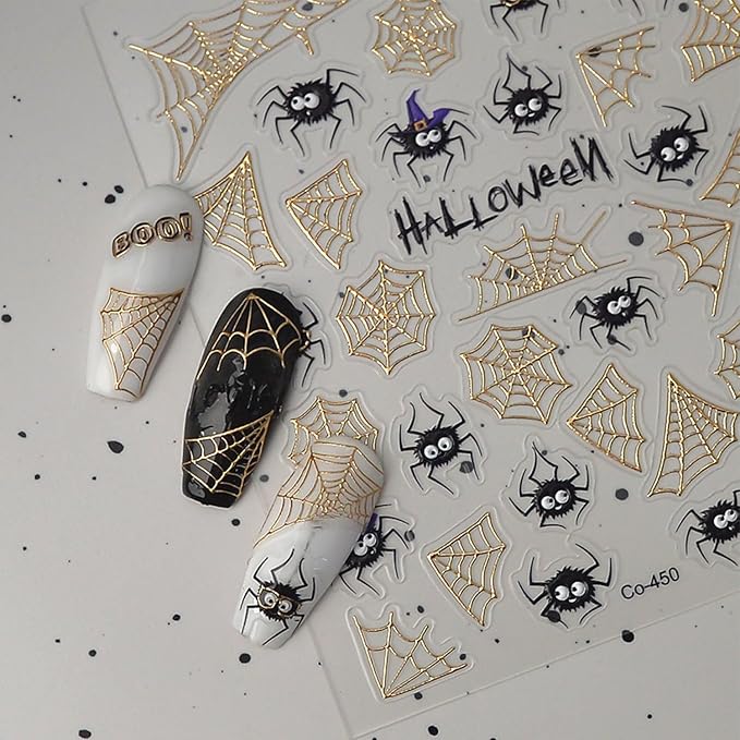 Halloween Nail Art Stickers 5D Embossed Nail Decals Gold Spider Web Nail Stickers Halloween Spider Nail DIY Supplies Decorations for Women (1 Sheet)