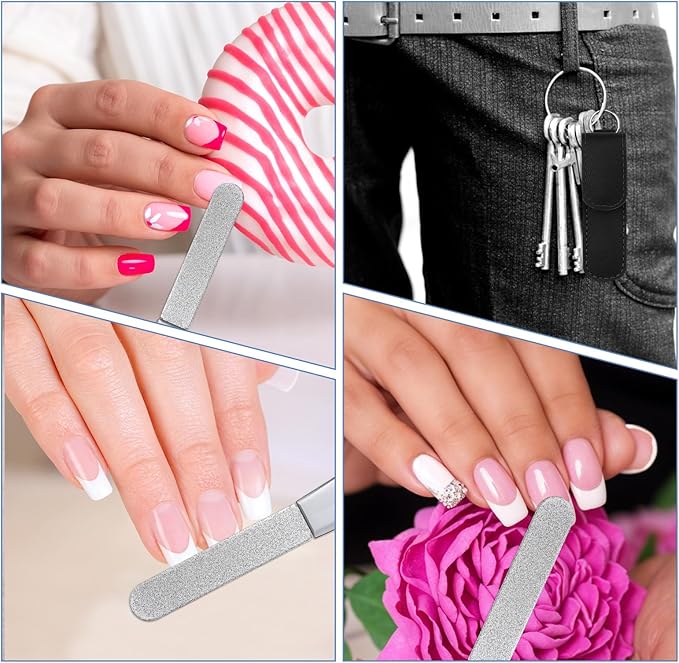 2 Pack Metal Nail File with Case, 3.6 in Travel Keychain Nail File for Natural Nails, Metal Diamond Double Sided Grit Nail Toenail Files with Leather Cases for Women Men
