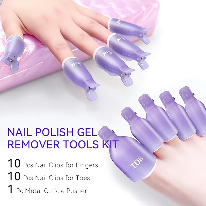 Makartt Nail Clips to Remove Gel Polish, with Double Ended Metal Cuticle Pusher, 20 Pcs Plastic Resuable Finger and Toe Nail Soak Off Clips for Removal Acrylic Art Nail Polish Remover Cap Clip