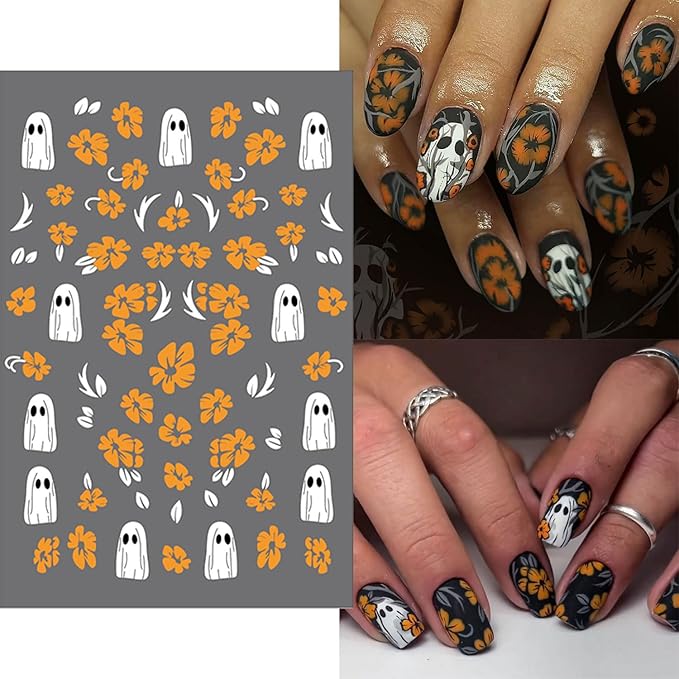 12 Sheets Halloween Nail Art Stickers Cute Ghost 3D Self-Adhesive Nail Decals Bat Mummy Skull Pumpkin Designs Nail Decorations Fall Maple Leaf DIY Manicure Supplies for Women Girls
