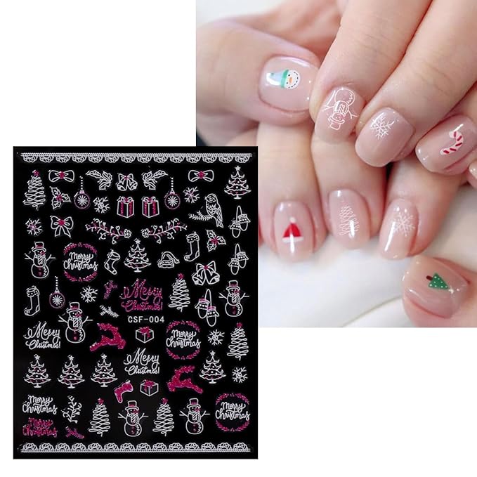 JMEOWIO 9 Sheets Christmas Pink Glitter Nail Art Stickers Decals Self-Adhesive Snowflake Winter Holiday Nail Supplies Nail Art Design Decoration Accessories