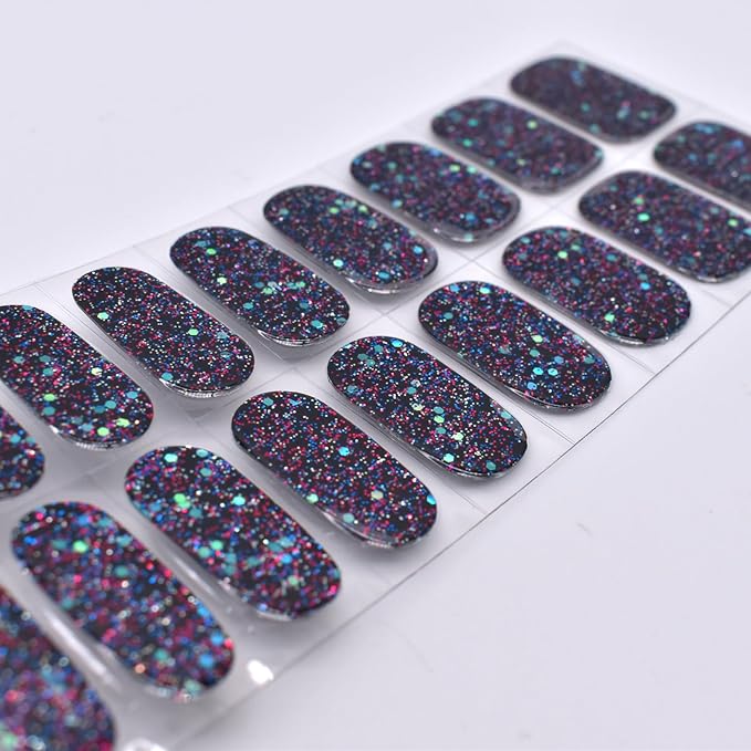 Semi Cured Gel Nail Strips Salon-Quality, Long Lasting Adhere Nail Art Stickers Decals (Sparkly Blue)