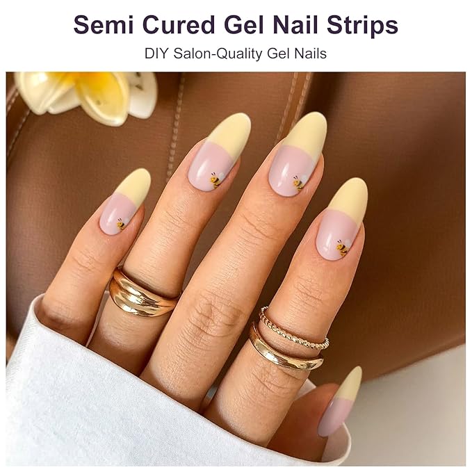 Semi Cured Gel Nail Strips,28 PCS Nail Art Stickers(Yellow BER),Gel Stickers for Nails UV Light,Nail Polish Strips Includes Prep Pads, Nail File & Wood Stick