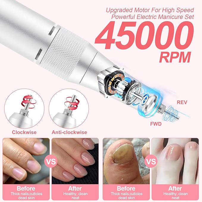 Electric 45000RPM Nail Drill Machine Rechargeable Portable Nail File Electric DIY Nail Drill Kit with Smart LCD Screen for Gel Nail Manicure and Pedicure Reflective Body etc (RED)