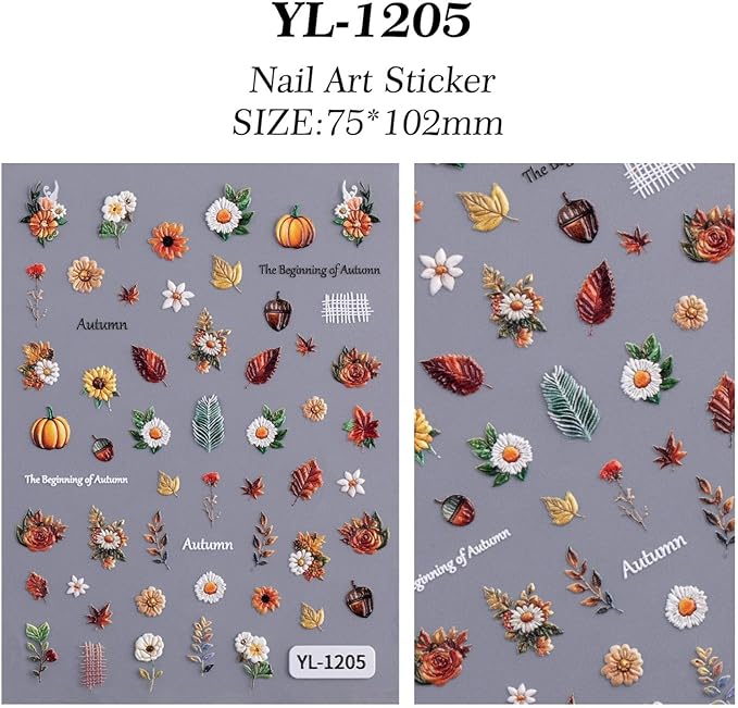 Fall Nail Art Stickers Autumn Maple Leaf Nail Decals 5D Embossed Nails Stickers Fallen Leaf Pumpkin Pine Cones Nail Supplies Autumn Flowers Nail Decals for Women Thanksgiving Day Manicure Decoration