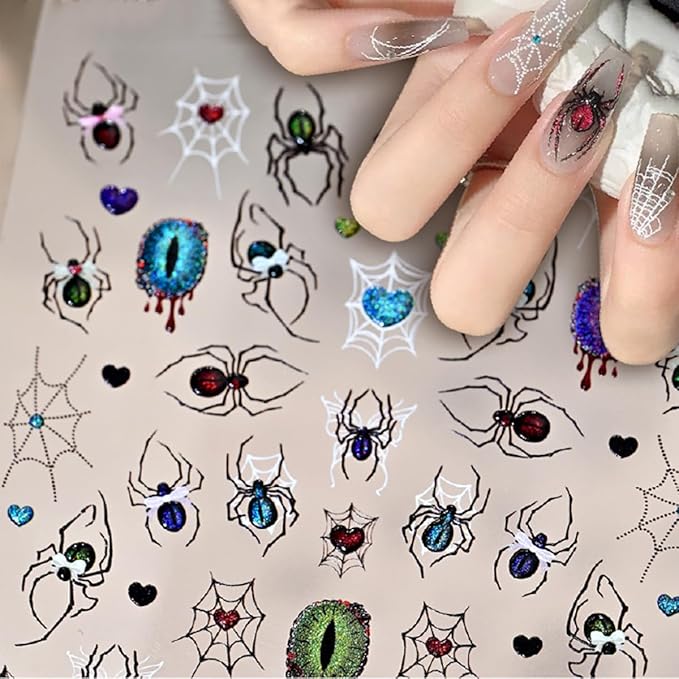 1Pcs Halloween Spider Nail Art Stickers 5D Embossed with Crystal Spider Nails Decals Glitter Heart Eyes Spiders Web Design Goth Nail Stickers Horror Halloween Nails Supplies for Women Acrylic Manicure