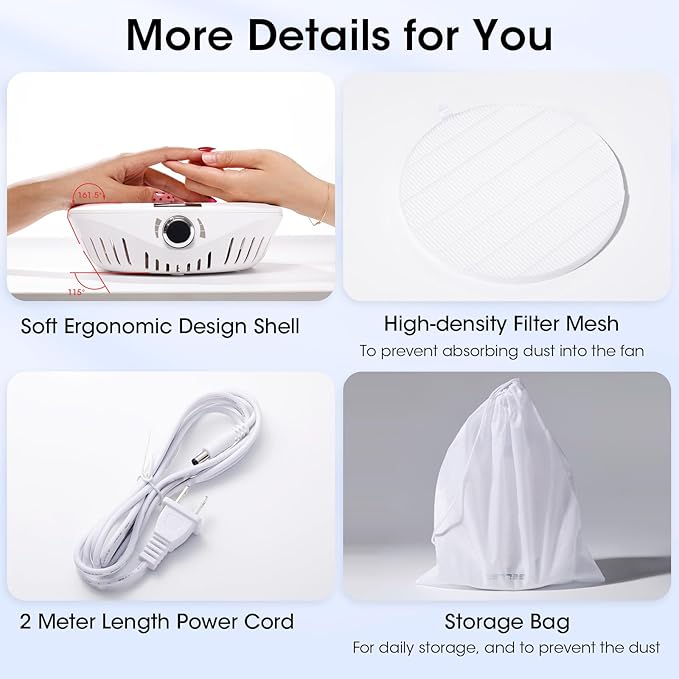 Gellen Nail Dust Collector with LED Display, 4000RPM Powerful Suction Vacuum Fan with Reusable Filter, Soft Ergonomic Shell Nail Vacuum Cleaner for Acrylic Nail Tech, Home & Salon
