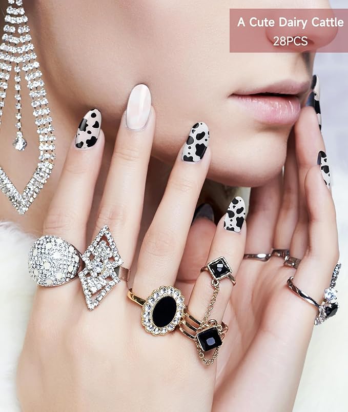 Semi Cured Gel Nail Strips (Cute Dairy Cattle), 28 pcs UV Cow Gel Nail Stickers for Women Work with Any UV Lamps, Salon Quality Nails Wraps for Home DIY Nails Art