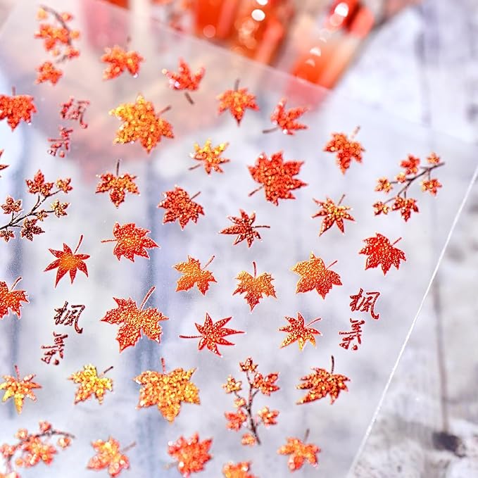 1 Sheet 5D Embossed Autumn Maple Leaves Nail Stickers for Nail Art Thanksgiving Day Nail Art Stickers Fall Nail Decals Red Glitter Maple Leaf Nails Design Nails Decoration DIY for Women Nail Supplies