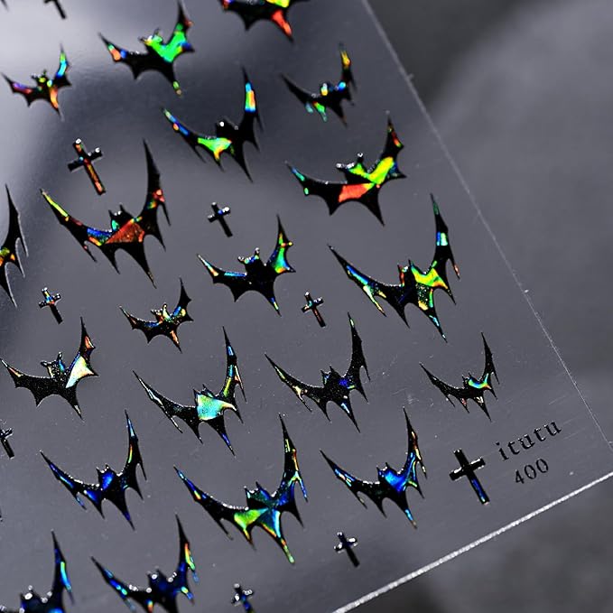 Halloween Nail Art Stickers Decals Dark Black Bat Nail Stickers 1PCS 3D Embossed Laser Bat Cross Gothic French Design Halloween Nail Decals Manicure Sliders for Women DIY Nail Art Decorations Supplies