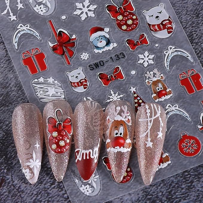 2Pcs Christmas Nail Stickers Snowflake Decals for Nail Art Red Bow Nail Design 5D Embossed Christmas Gift Nails Art Supplies Fawn Pine Tree Nails Accessories for Women DIY Manicure Art Decoration