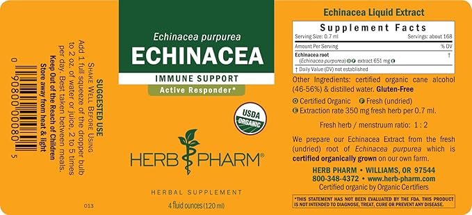 Herb Pharm Certified Organic Echinacea Root Liquid Extract for Immune System Support, Organic Cane Alcohol, 4 Ounce (Pack of 2)