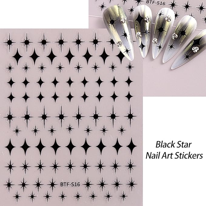 12 Sheets Star Nail Stickers Black White Nail Decals Gold Silvery Stars Design Nail Art Stickers 3D Self-Adhesive Manicure DIY for Women Acrylic Nails Supplies