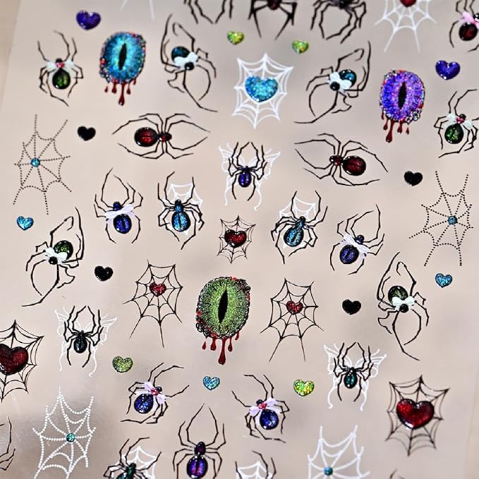 1Pcs Halloween Spider Nail Art Stickers 5D Embossed with Crystal Spider Nails Decals Glitter Heart Eyes Spiders Web Design Goth Nail Stickers Horror Halloween Nails Supplies for Women Acrylic Manicure