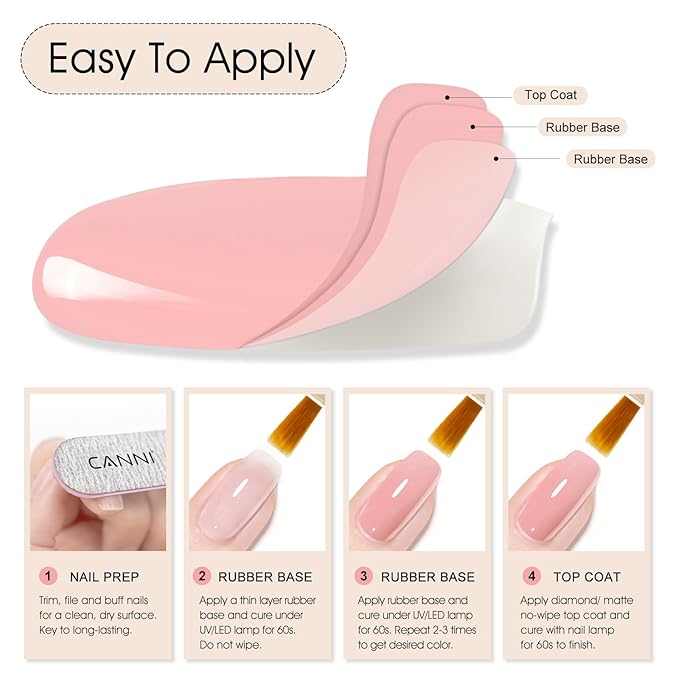 CANNI Rubber Base Gel – 9ml Nude Pink Base Coat Gel, Natural Cover Strengthening for Weak Nails, Soak Off UV LED for DIY Salon Manicure
