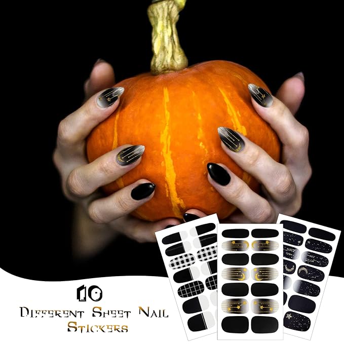 140 Pcs 10 Sheets Black Full Wrap Nail Stickers Polish Strips Gradient Stickers Glitter Self Adhesive DIY Art Decals Strips with 2 Pcs Nail Files for Halloween Decor (Retro Style)