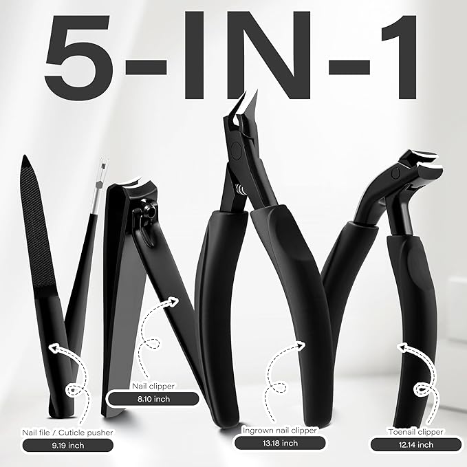 Toenail Clippers 5-in-1 Ingrown Toenail Removal Kit, Wide Jaw Toenail Clippers w/Stainless Steel Nail Cutter for Men Women and Seniors, Pedicure Kit for Ingrown Toenail