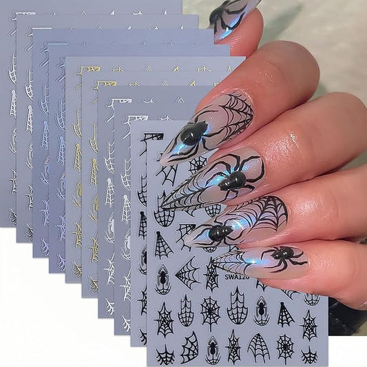 10 Sheets Spider Nail Art Stickers Halloween Nail Decals 3D Self-Adhesive Laser Black White Gold Silver Spiders and Spider Web Nail Sticker Design DIY Holiday Party Nails Supplies for Salon Manicure