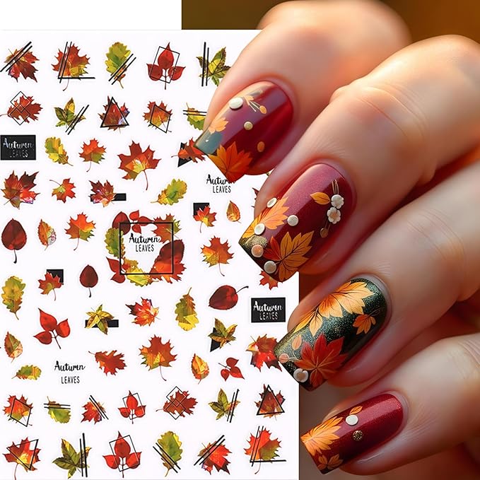 Maple Leaf Nail Art Stickers 3D Laser Shiny Autumn Winter Maple Red Leaf Nail Decals Autumn Maple Leaf Pumpkin Mushroom Nail Decoration Autumn Thanksgiving Day Nail Sticker for Women Nail Accessories
