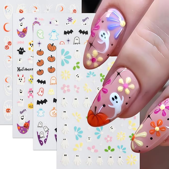 8Sheets Halloween Glow in The Dark Ghost Nail Stickers 3D Self-Adhesive Luminous Ghost Nail Art Decals Spider Web Pumpkin French Nails Design Bats Star Moon Nail Supplies Nail Decorations for Women
