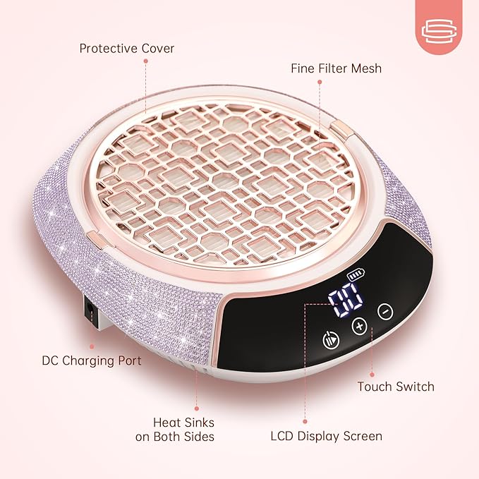 Cordless Nail Dust Collector,Portable Dust Collector Nail Tech with LED Display,Rechargeable Dust Suction Machine with Reusable Fillter for Acrylic Gel Polish,Salon & Home
