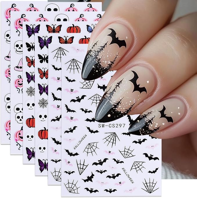 Halloween Nail Art Stickers 3D Bat Spider Web Halloween Nail Decals Self-Adhesive Nail Art Supplies 6PCS Pink Pumpkin Skull Butterfly Skeleton Design Holiday Nail Stickers for Women DIY Nail Salon