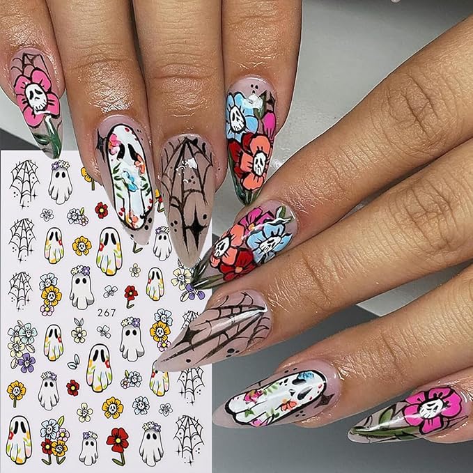 8 Sheets Ghost Nail Art Stickers Halloween Nail Decals 3D Self-Adhesive Bats Spider Web Ghost Autumn Flowers Sticker Nail Design Acrylic Nails Decoration Accessories for Women Holiday Nails