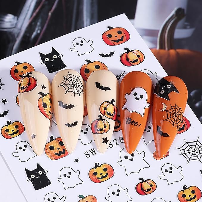 Halloween Nail Art Stickers 6 Sheets Halloween Nail Decals 3D Self Adhesive Cute Nail Stickers Ghost Pumpkin Bat Skull Pattern DIY Manicure Supplies Hallowee Nail Decorations for Women Girls