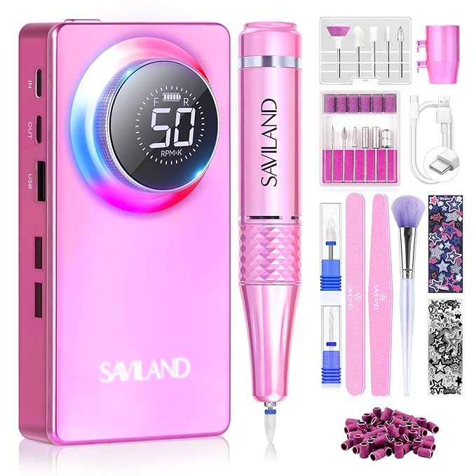 SAVILAND Professional Nail Drill Kit: 50000RPM Rechargeable Electric Nail File Machine E-File with 6000mAh Battery, Ceramic Bits and Stickers for Manicure Pedicure Shaping & Acrylic Removal Salon Use
