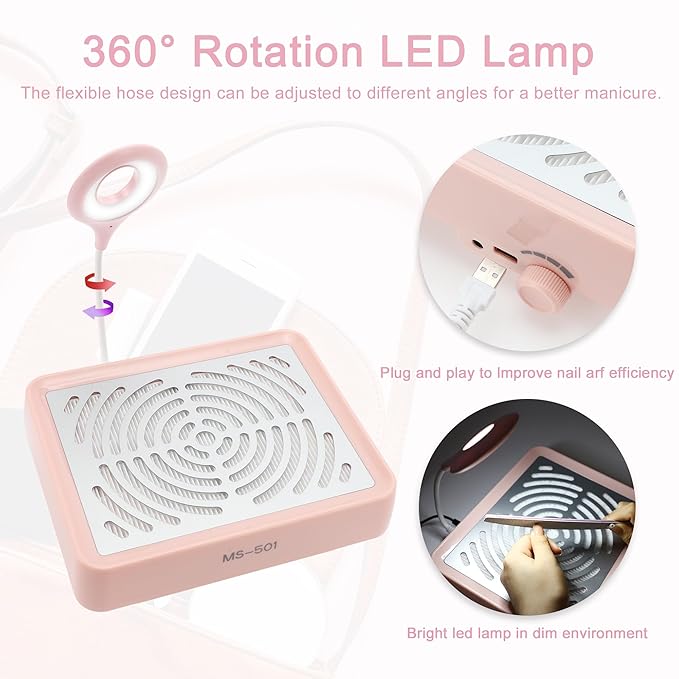 VOCOSTE Nail Dust Collector with Lamp, Nail Vacuum Dust Collector Kit, Low Noise Nail Fan Dust Collector, Dust Collector Nail Tech for Manicure Acrylic Gel Nails Polishing, Pink
