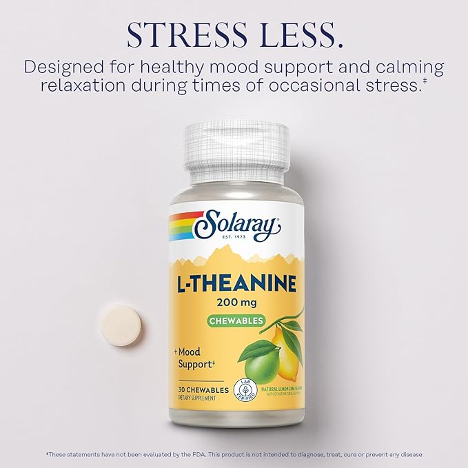 SOLARAY L Theanine 200mg, Mood Support Supplement with Vitamin B6 - Calming Support During Occasional Stress - Natural Lemon Lime Flavor - 60-Day Guarantee, Lab Verified - 30 Servings, 30 Chewables