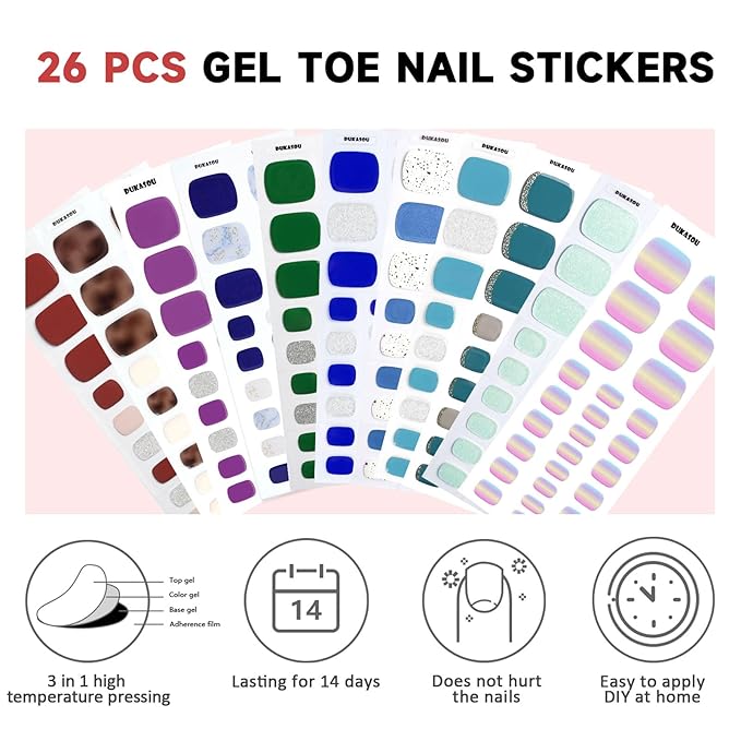 Semi Cured Gel Toe Nail Strips,26 Pcs Toe Nail Stickers Wraps for Summer Holiday (Blue),Gel Strips UV Light Required,Easy to Apply